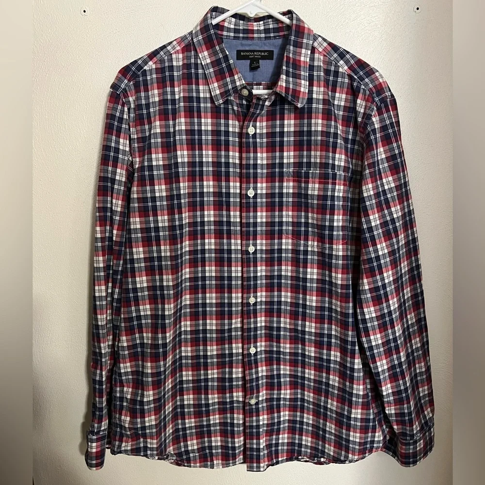 BANANA REPUBLIC Classic Soft Wash Plaid Button Down Shirt Red White Blue Men's L
